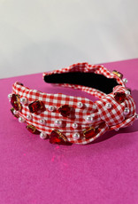 Red and White Gingham Headband with Red Hearts and Pearls