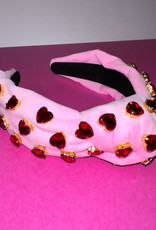 Pink Velvet Headband with Red Crystal Hearts