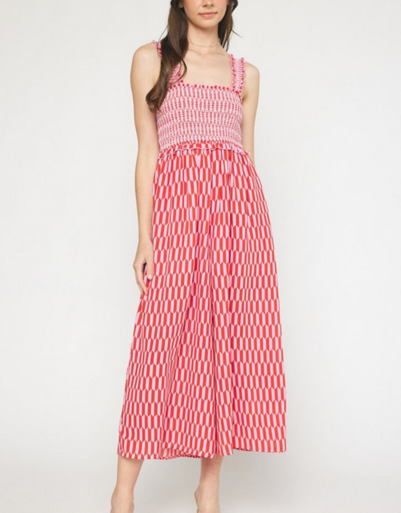 Red and Pink Patterned Wide Leg Jumpsuit