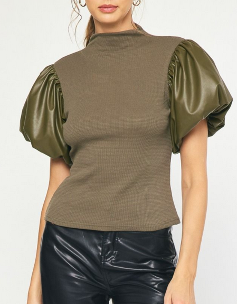 Olive Leather Short Sleeve Top