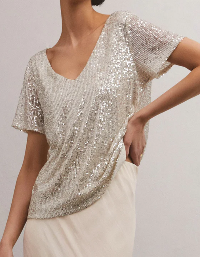 Silver Short Sleeve Sequin Top