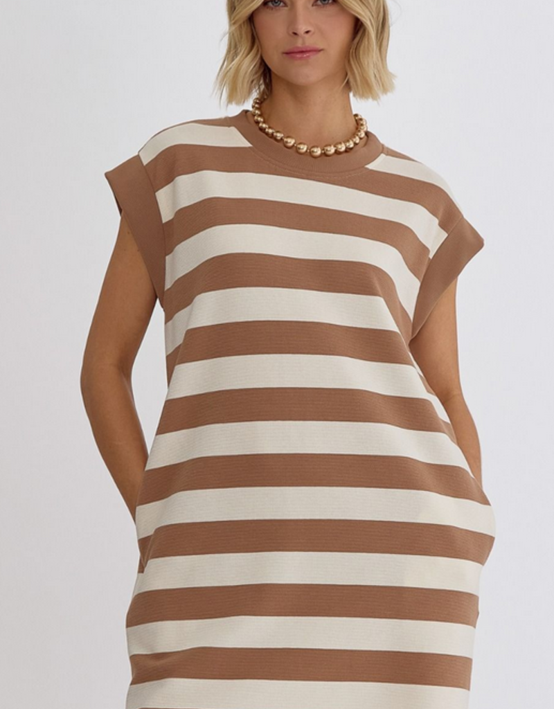 Tan Striped Sleeveless Dress