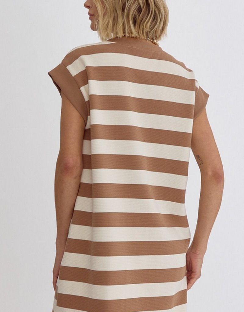 Tan Striped Sleeveless Dress