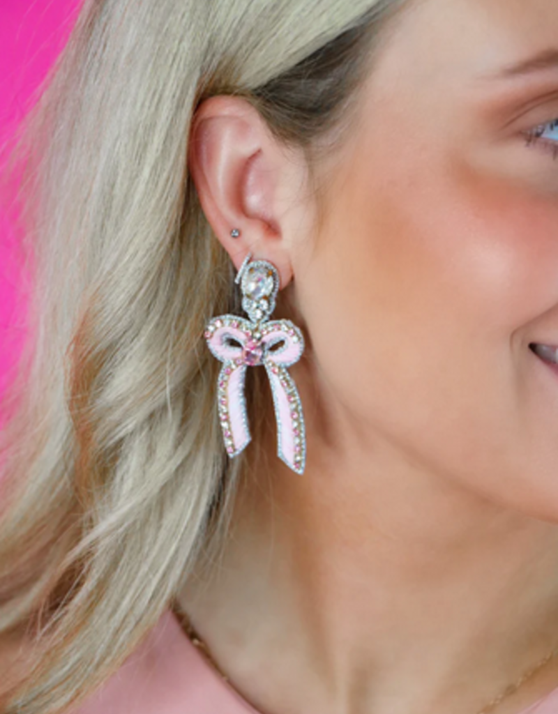 Beaded Bow Drops-Baby Pink