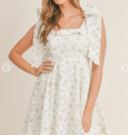 White and Green Floral Fit and Flare Dress