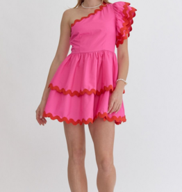 Pink and Red One Shoulder Ric Rac Dress