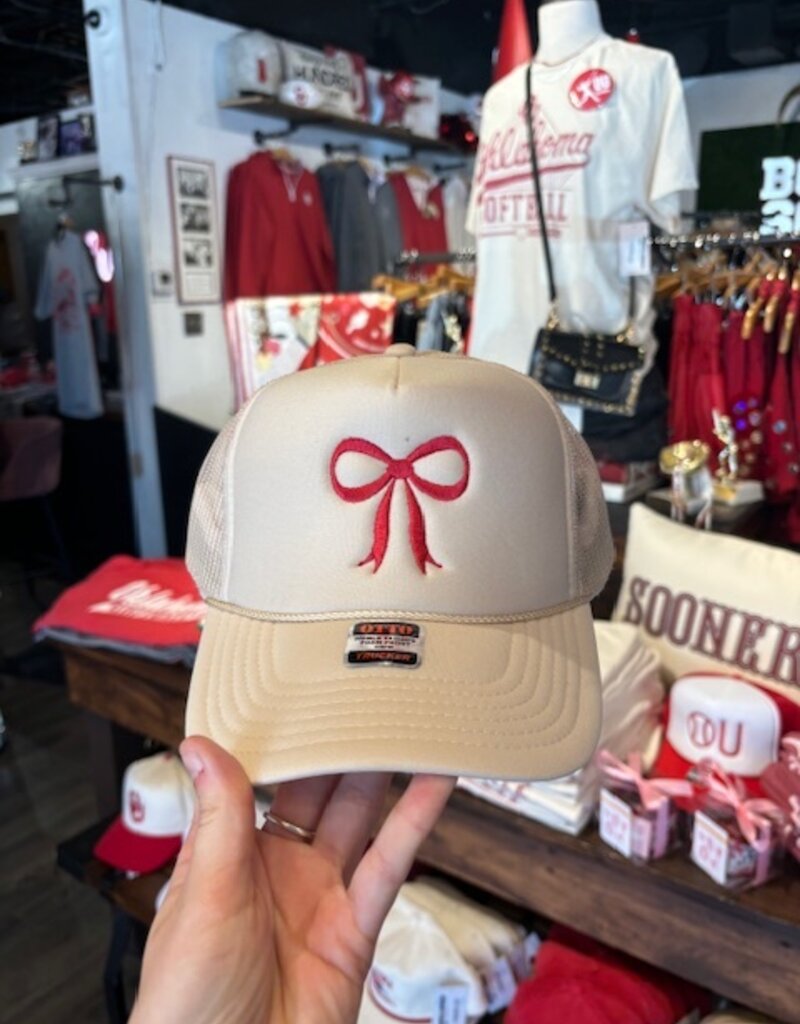 Tan with red bow trucker hat