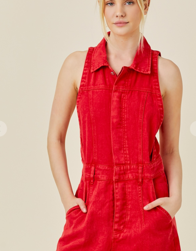 Red Denim Sleeveless Romper