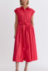 Red Button Front Tie Midi Dress