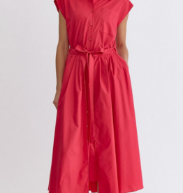 Red Button Front Tie Midi Dress