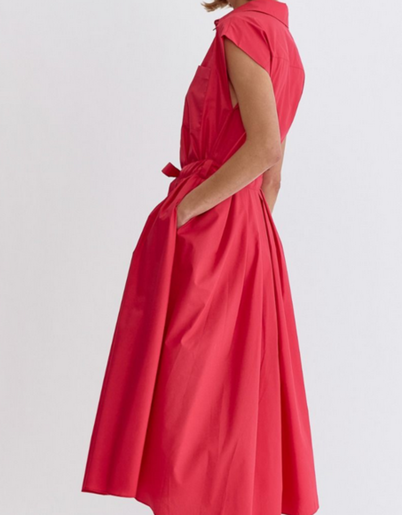 Red Button Front Tie Midi Dress
