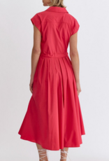 Red Button Front Tie Midi Dress