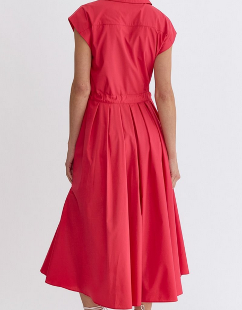 Red Button Front Tie Midi Dress