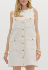 White Denim Mini Dress with Gold Buttons
