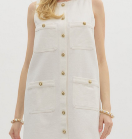 White Denim Mini Dress with Gold Buttons