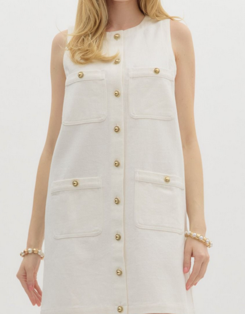 White Denim Mini Dress with Gold Buttons