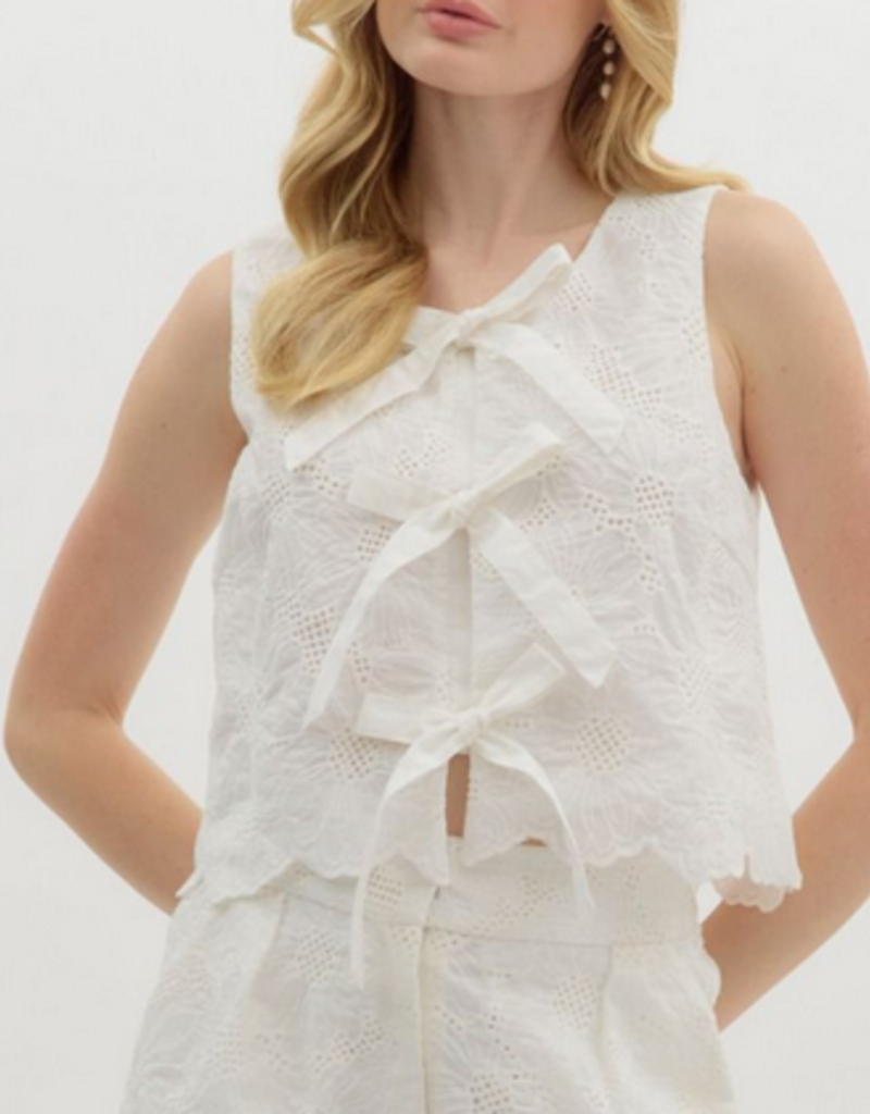 White Sleeveless Floral Front Tie Top