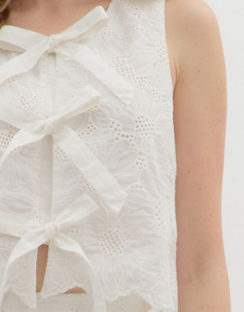 White Sleeveless Floral Front Tie Top