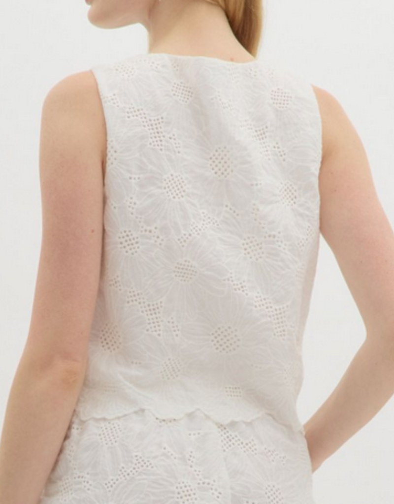 White Sleeveless Floral Front Tie Top