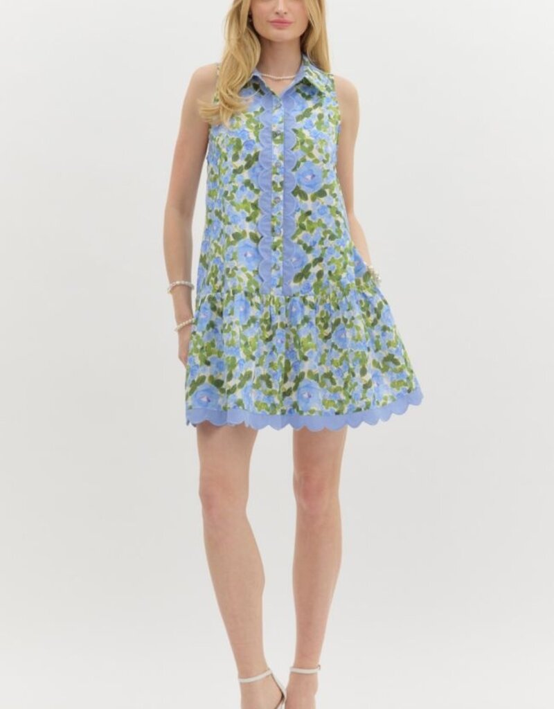Blue Floral Scallop Dress