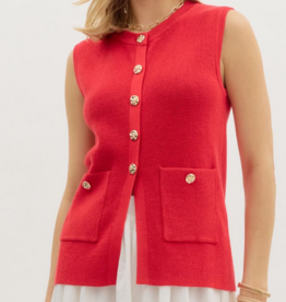 Red Sleeveless Button Up