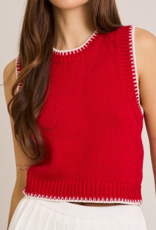 Red Sleeveless Crew Neck Sweater Top