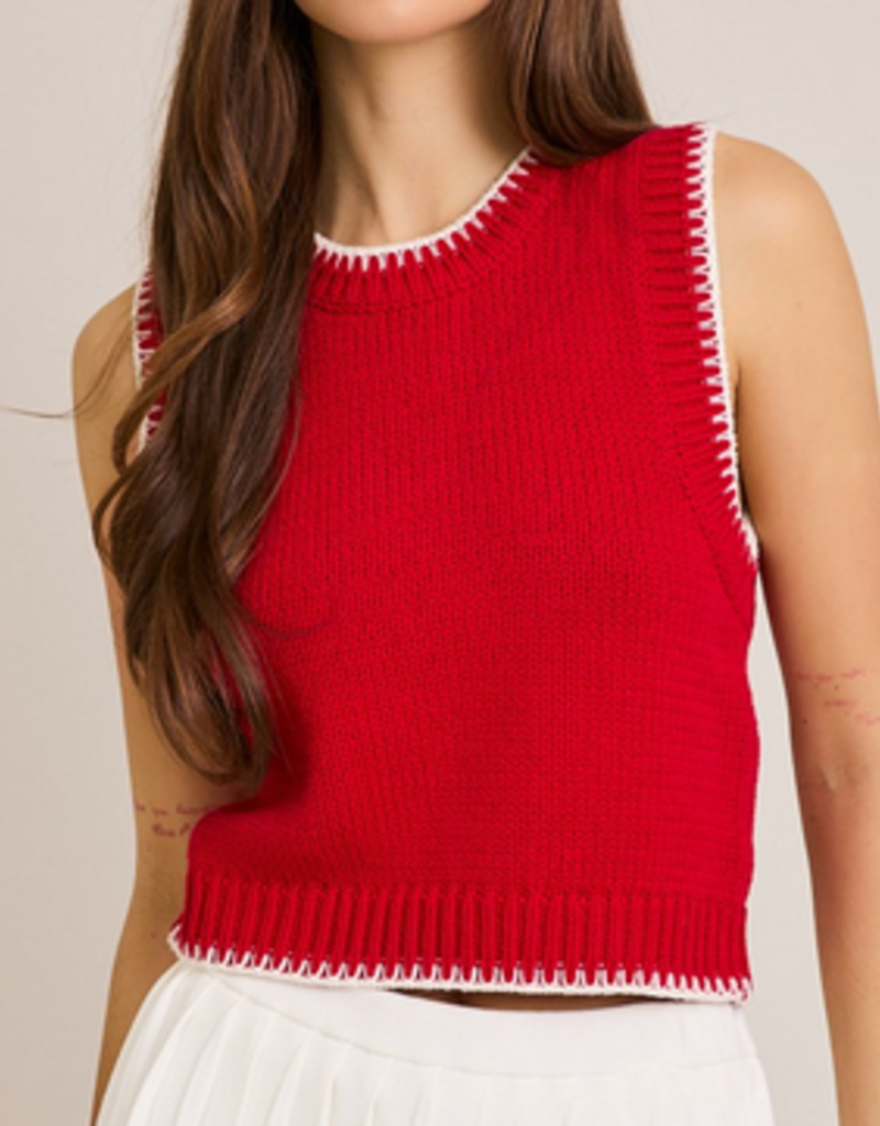 Red Sleeveless Crew Neck Sweater Top