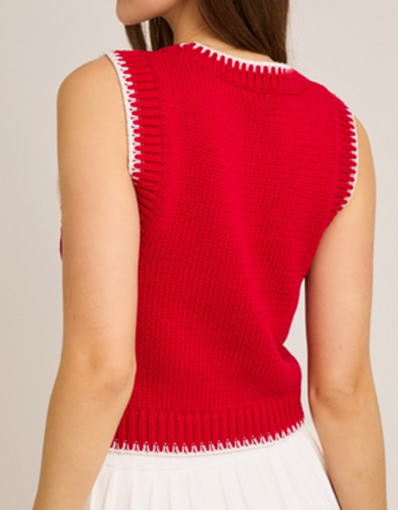 Red Sleeveless Crew Neck Sweater Top