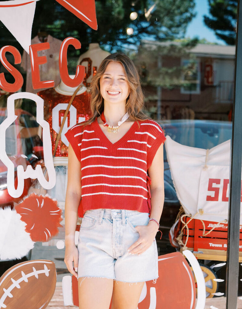 Crimson striped side tie sweater vest