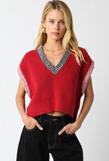 Red Sweater Vest with Grey and White Detailing