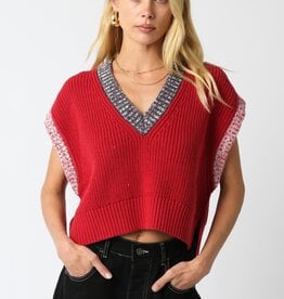 Red Sweater Vest with Grey and White Detailing