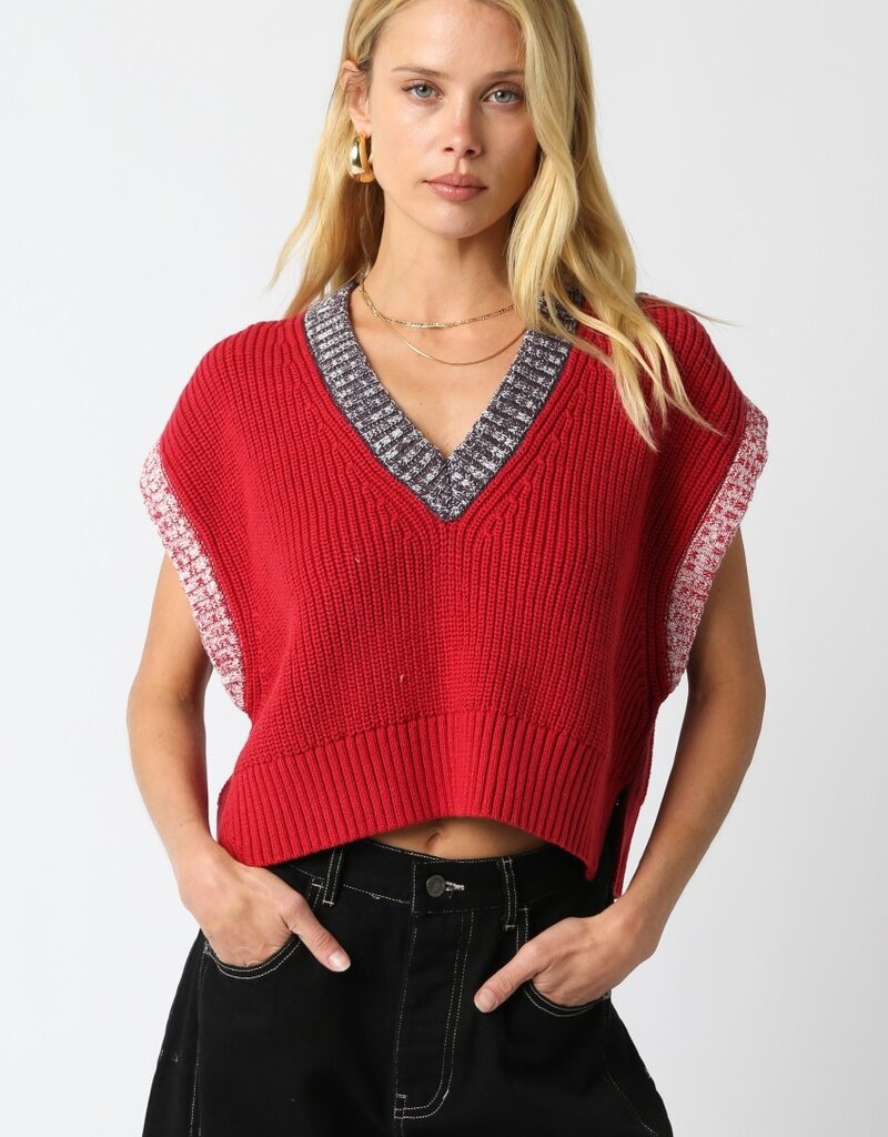 Red Sweater Vest with Grey and White Detailing
