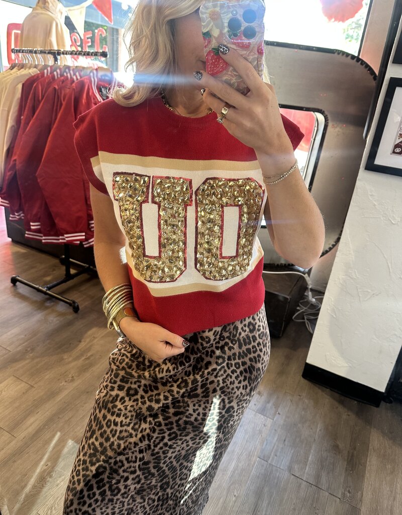 QOS Licensed Oklahoma 'OU' Colorblock Jewel Letter Short Sleeve Sweater