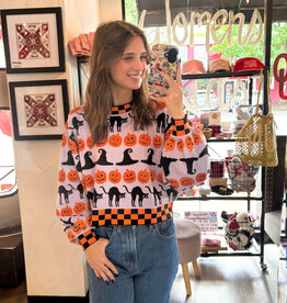 Lavender, Black & Orange Checker Trim Halloween Icon Sweater