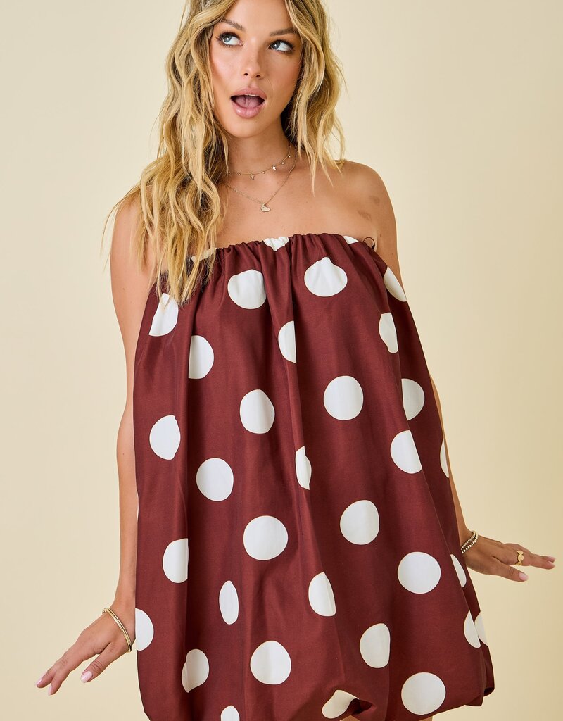 Brown Strapless Polka Dot Dress
