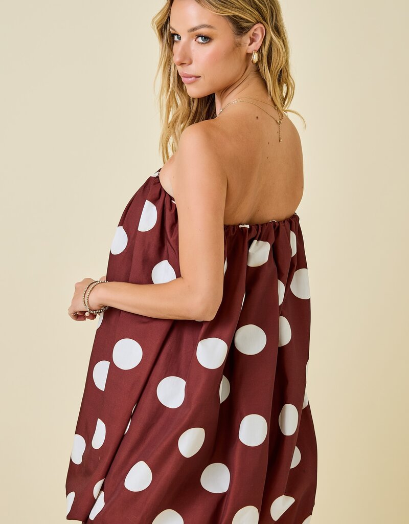 Brown Strapless Polka Dot Dress