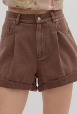 Brown Pleated Denim Shorts