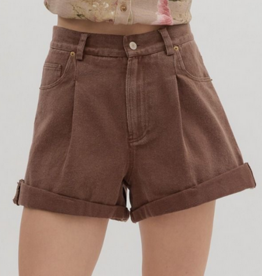 Brown Pleated Denim Shorts