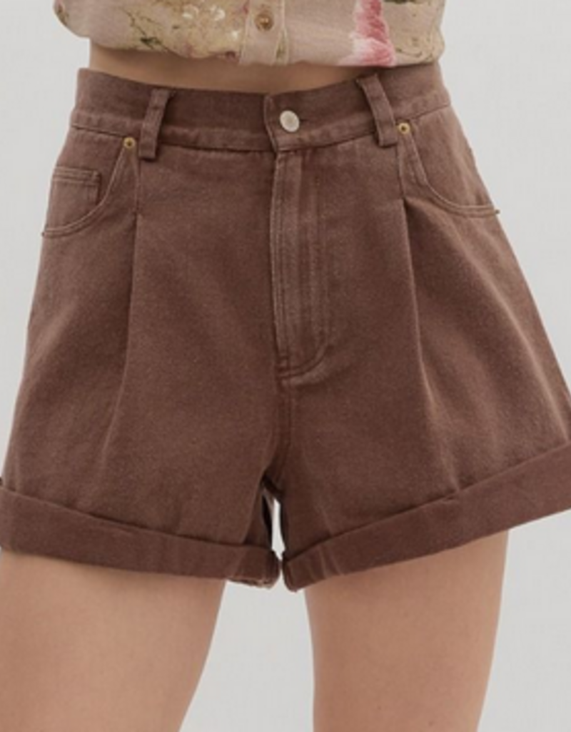 Brown Pleated Denim Shorts