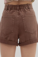 Brown Pleated Denim Shorts