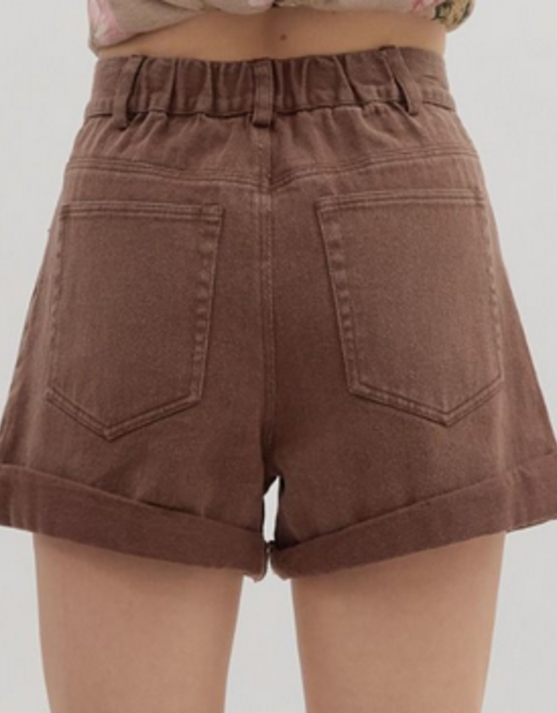 Brown Pleated Denim Shorts
