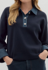 Navy Button Up Sweater with Denim Details