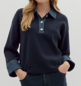 Navy Button Up Sweater with Denim Details