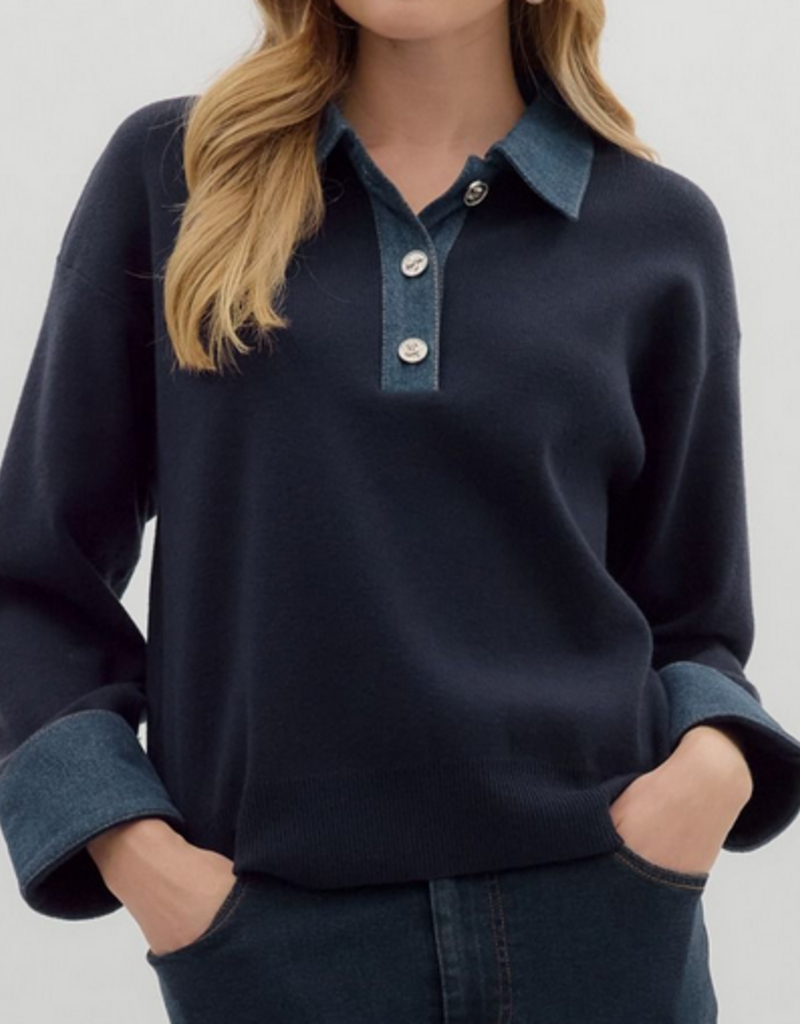 Navy Button Up Sweater with Denim Details