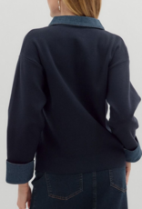 Navy Button Up Sweater with Denim Details