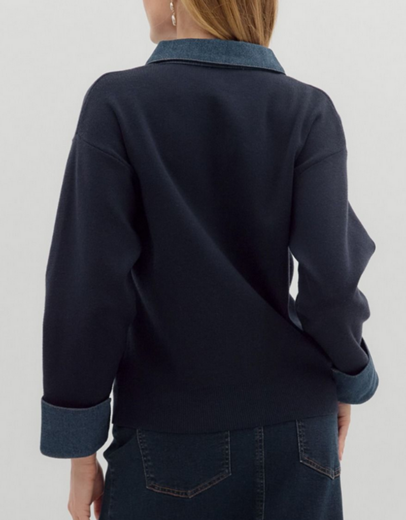 Navy Button Up Sweater with Denim Details