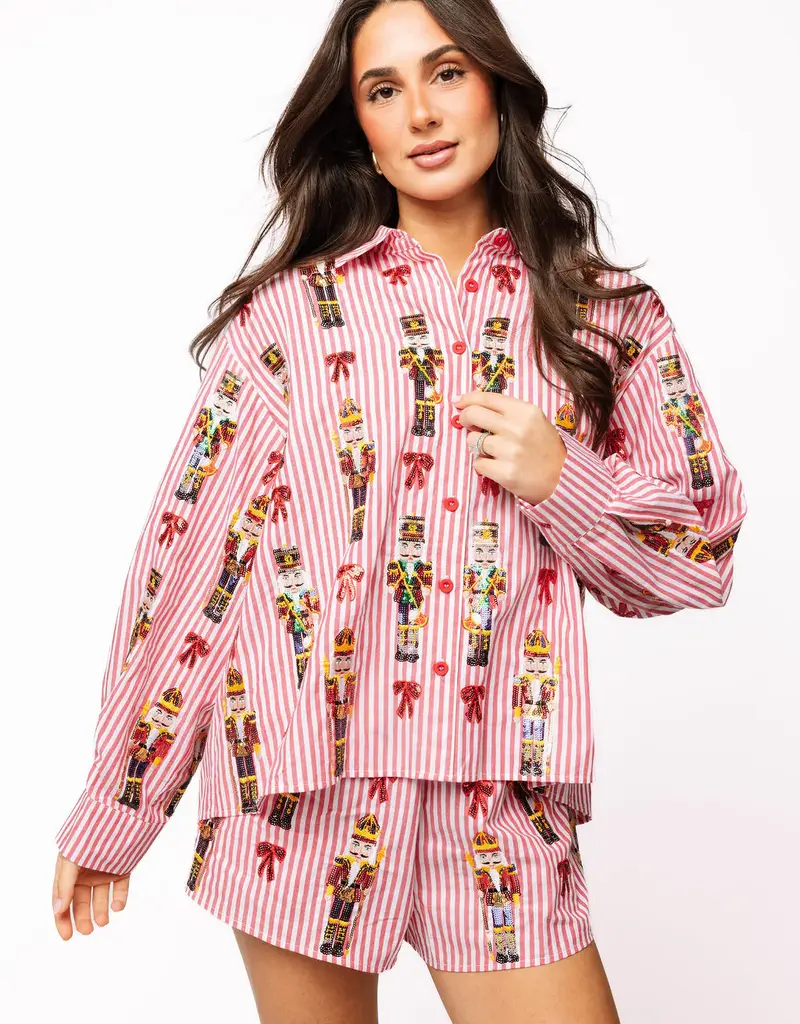 Red Striped QOS Nutcracker Button Up Top