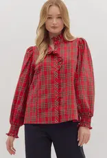 Christmas Plaid Ruffled Collar Button Up