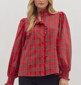 Christmas Plaid Ruffled Collar Button Up