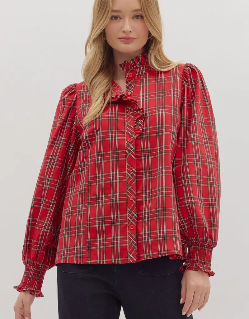 Christmas Plaid Ruffled Collar Button Up